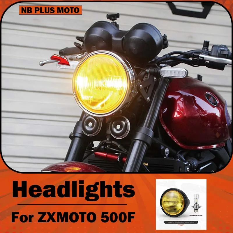 【Premium】For ZXMOTO 500F Retro-style Round Headlight Assembly with Yellow/White LED Lights – High/Low Beam Headlight Kit for Veh