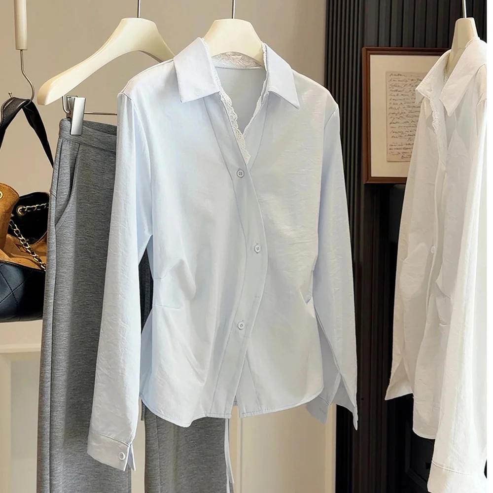 

ALPHALMODA 2026 Spring, New Style, Temperament, Lace V-neck, Long-sleeved Shirt, Women Slim Waist, Design Irregular Top