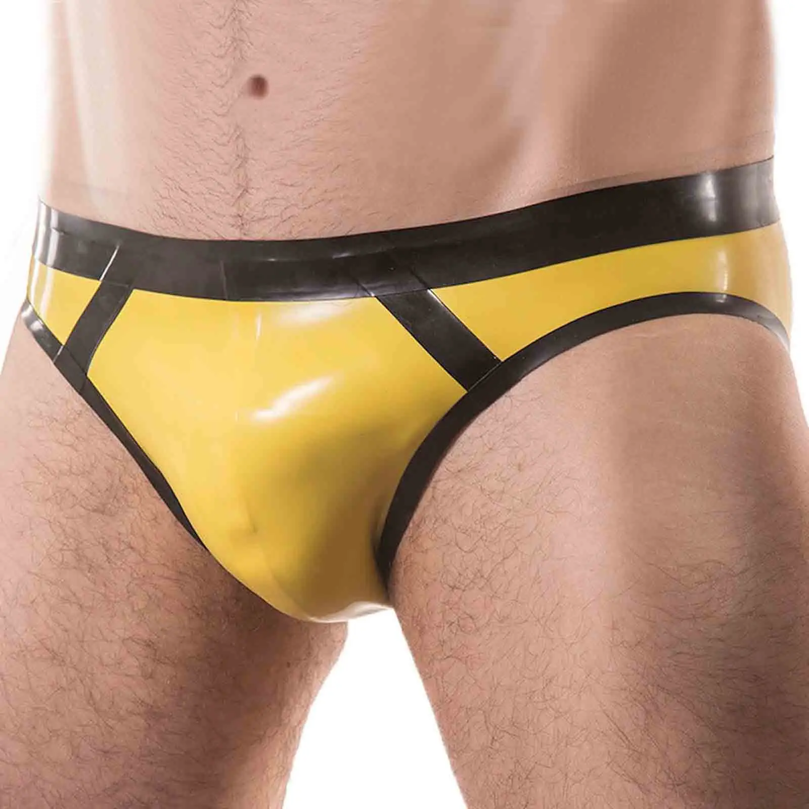 

MONNIK Latex Men Thong Style Briefs with Contrast Color Waistband Edge Trim and Front Stripes for Bodysuit Fetish Cosplay