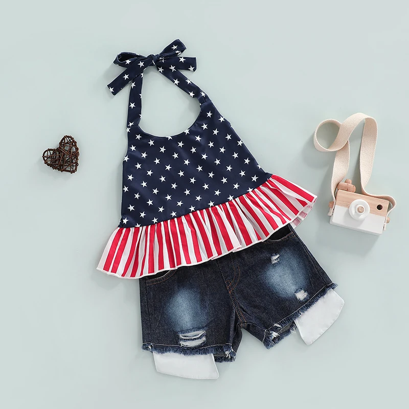 

2 Pcs Baby Fourth of July Sets Boys American Flag Tank Tops Denim Shorts with Stars Stripes Print Patriotic Outfits for