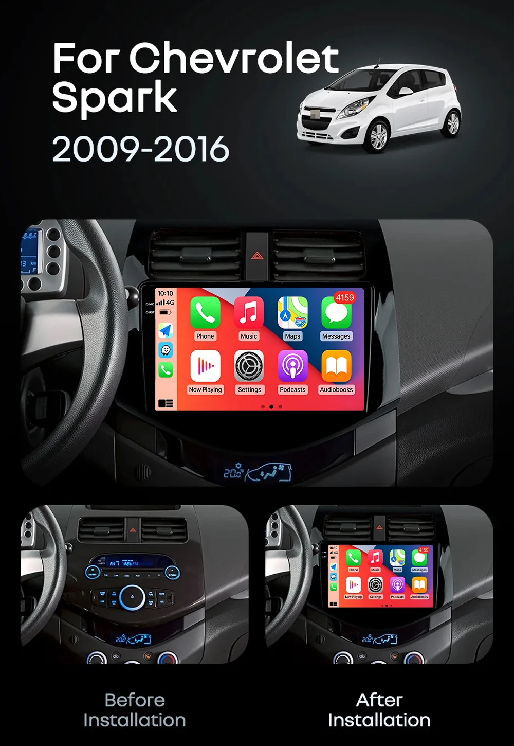 Android 16 Carplay&Auto Car Radio Navigation Multimedia Stereo Player QLED GPS For Chevrolet Spark M300 2009 - 2016