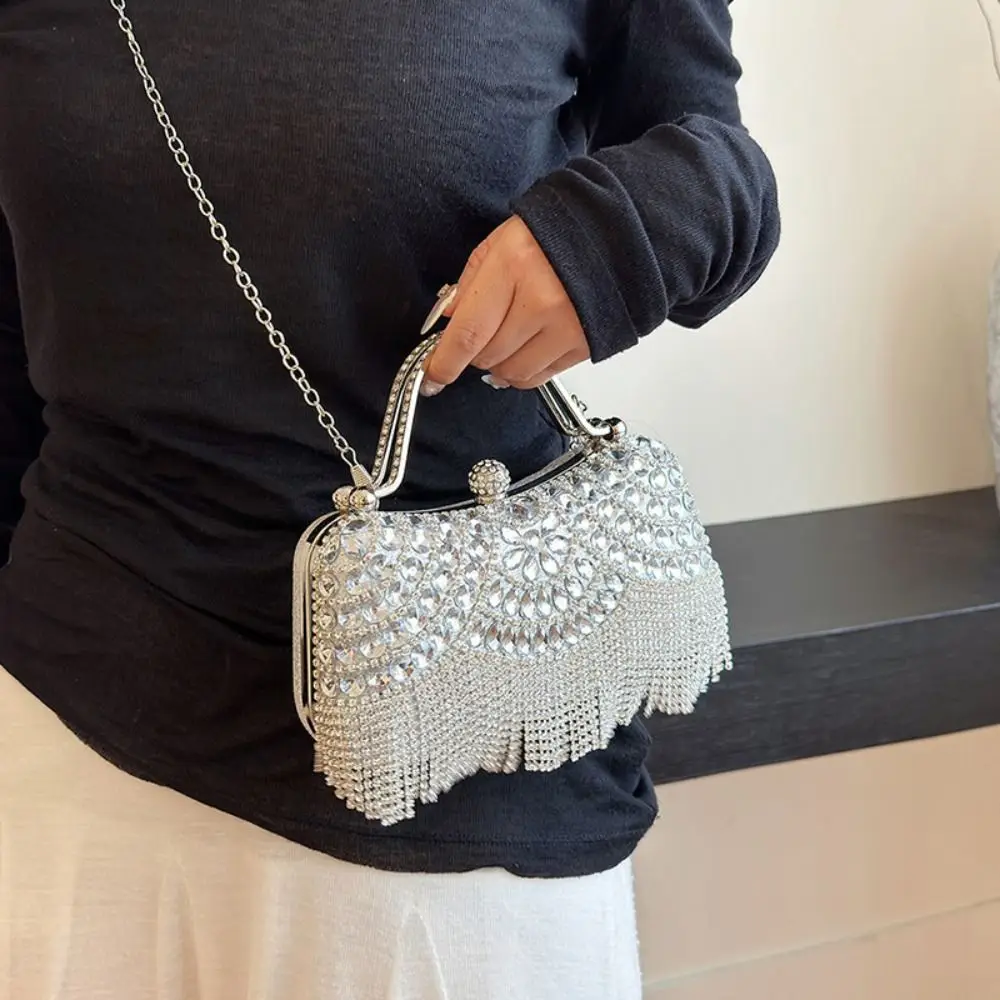 French Shiny Tassel Evening Banquet Bag Crystal Sequin Bling Chain Crossbody Bag Glitter Purse Box Handbag Women