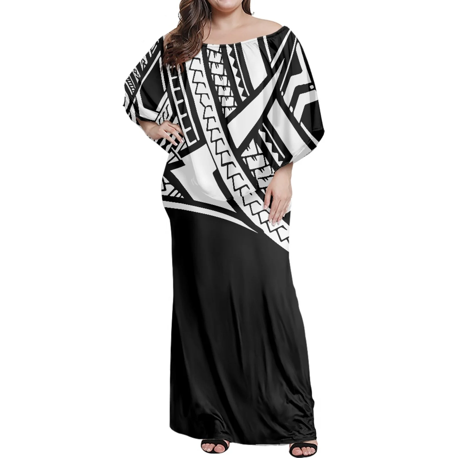 

New Design For Winter Hawaiian Floral Trendy Dress Off The Shoulder Maxi Evening Gown Polynesian With Shawl Wome Ponchos Dress