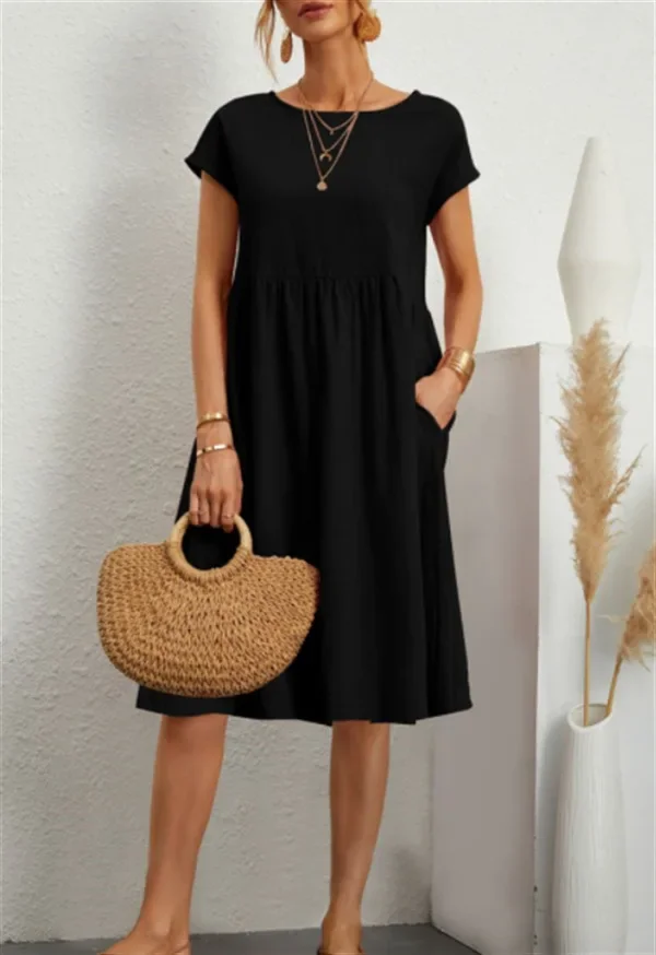 

2024 New Summer Women's Solid Color Dress Round Neck Lantern Sleeves Loose A-line Skirt Women's Cotton and Hemp Pocket Dress