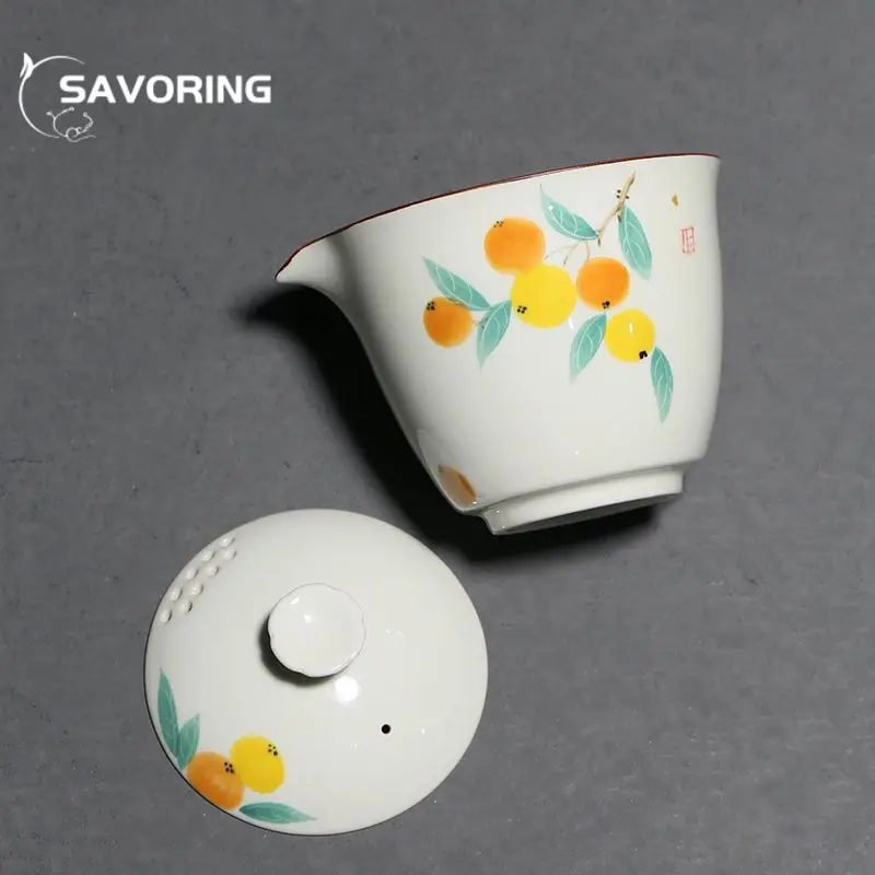 180ml Simple Pure Hand-painted Loquat Teapot with Filter Hand-hold Pot Ceramics Underglaze Ribbon Retro Household Chinese