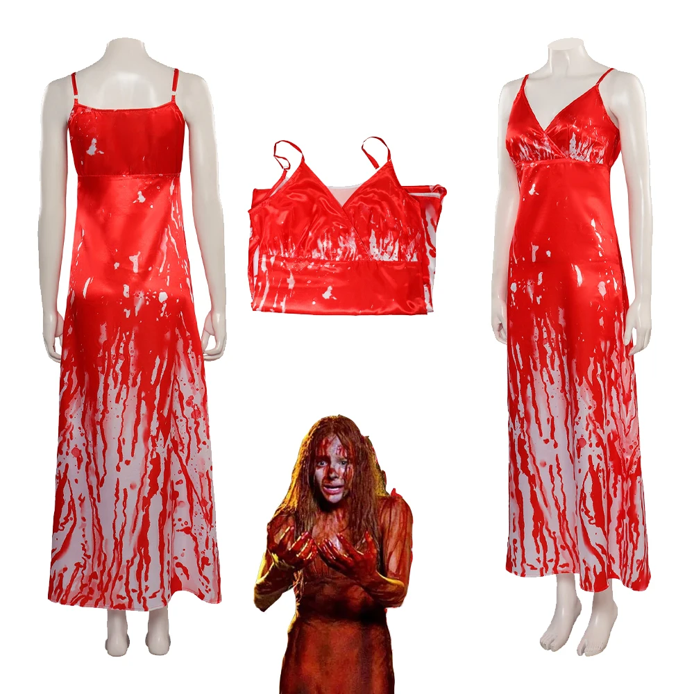 Carrie Cosplay White Costume Horror Movie Sexy Blood Red Slip Printed Dress For Women Girl Outfits Halloween Carnival Party Suit