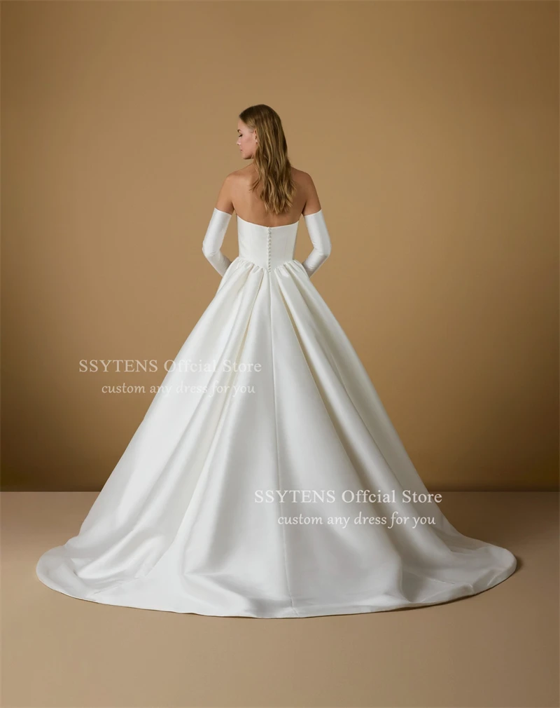 SSYTENS Weiße, anmutige Brautkleider mit hoher Taille, trägerlos, bodenlang, maßgeschneidertes Brautkleid, abnehmbare lange Ärmel, Brautkleider