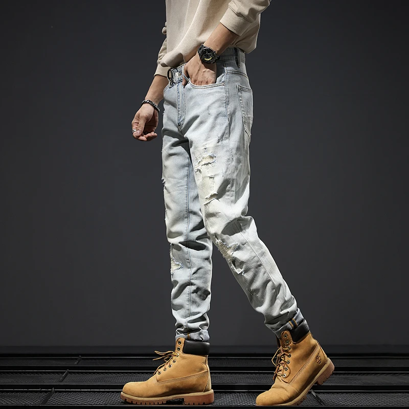 

JXNS1018 casual broken holes stretch light-coloured jeans new personality high street men's trousers versatile Slim nostalgia