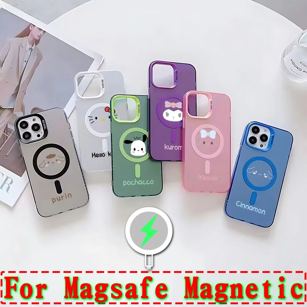 Kawii Hello Kitty Simple Magsafe Magnetic Phone Case for IPhone 11 12 13 14 15 Pro Max Plus Creative Border Silver Plated Cover