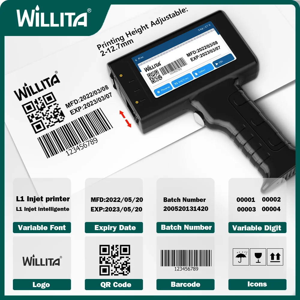 Willita 12,7 milímetros Handheld Inkjet Printer Gun portátil para metal Data de validade Código de barras QR Code Batch Numbers Melhor valor Impressão de logotipo