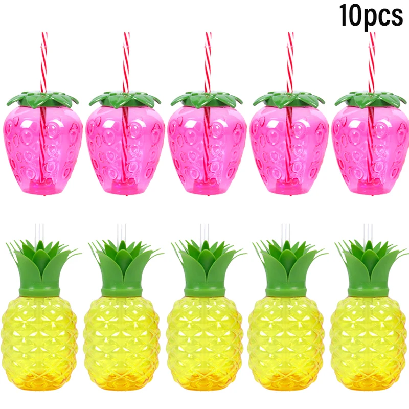 

Hawaii Party Plastic Strawberry Pineapple Drinking Cup with Straw Portable Water Bottle Flamingo Summer Beach Pool Party Decor