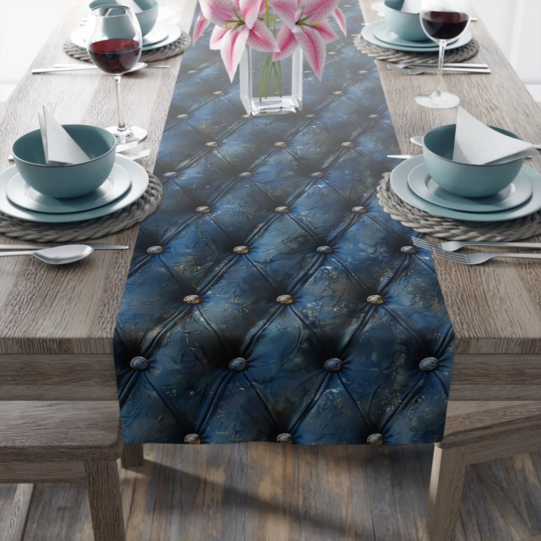 Blue Denim Grunge Table Runner, Vintage Textured Distressed Kitchen Dining Room Table Scarf Everyday Celebration Party Decor