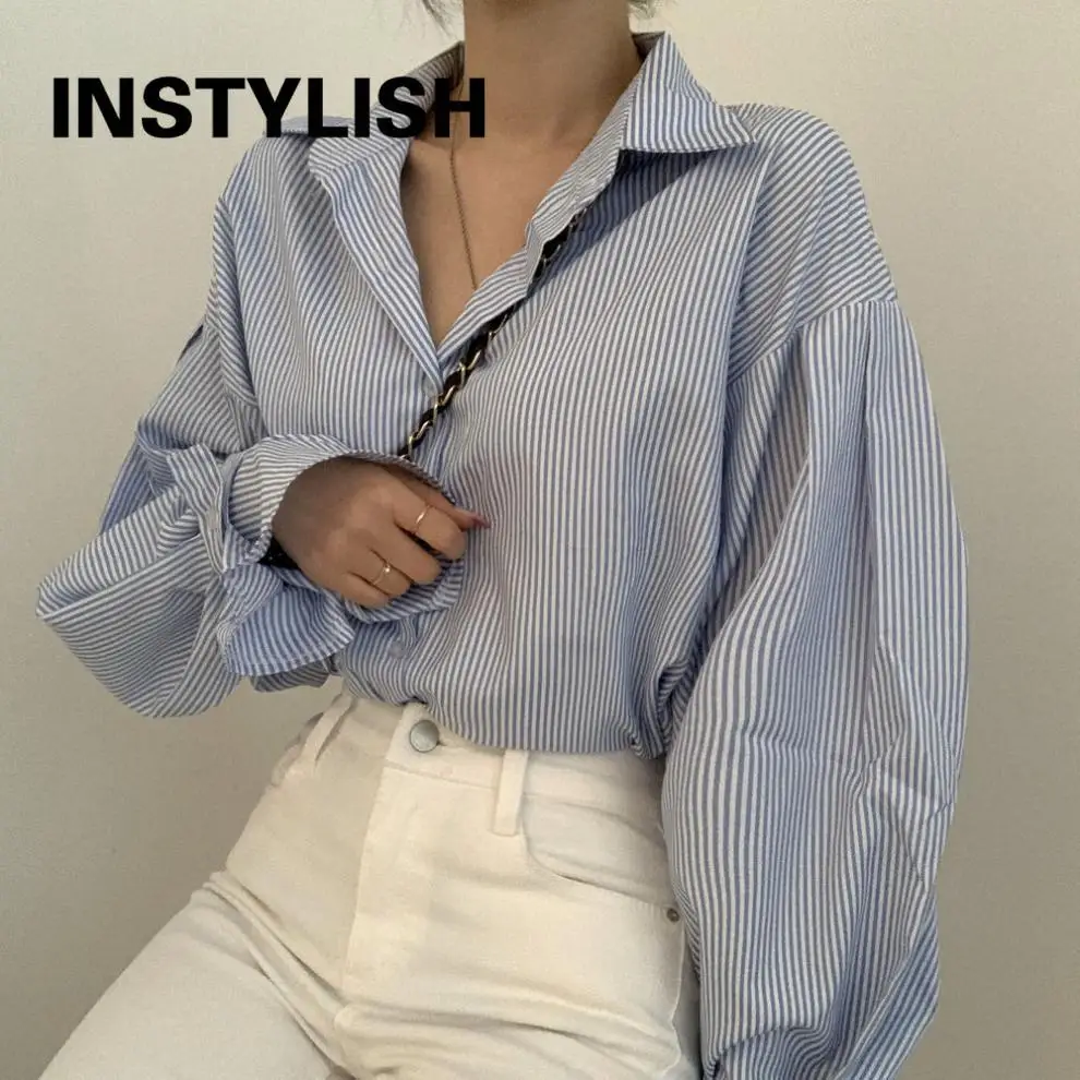 

Elegant Striped Oversized Blouse Fashion Korean Puff Long Sleeve Loose Shirt Women Boyfriend Harajuku Tops Casual Chic Tunics