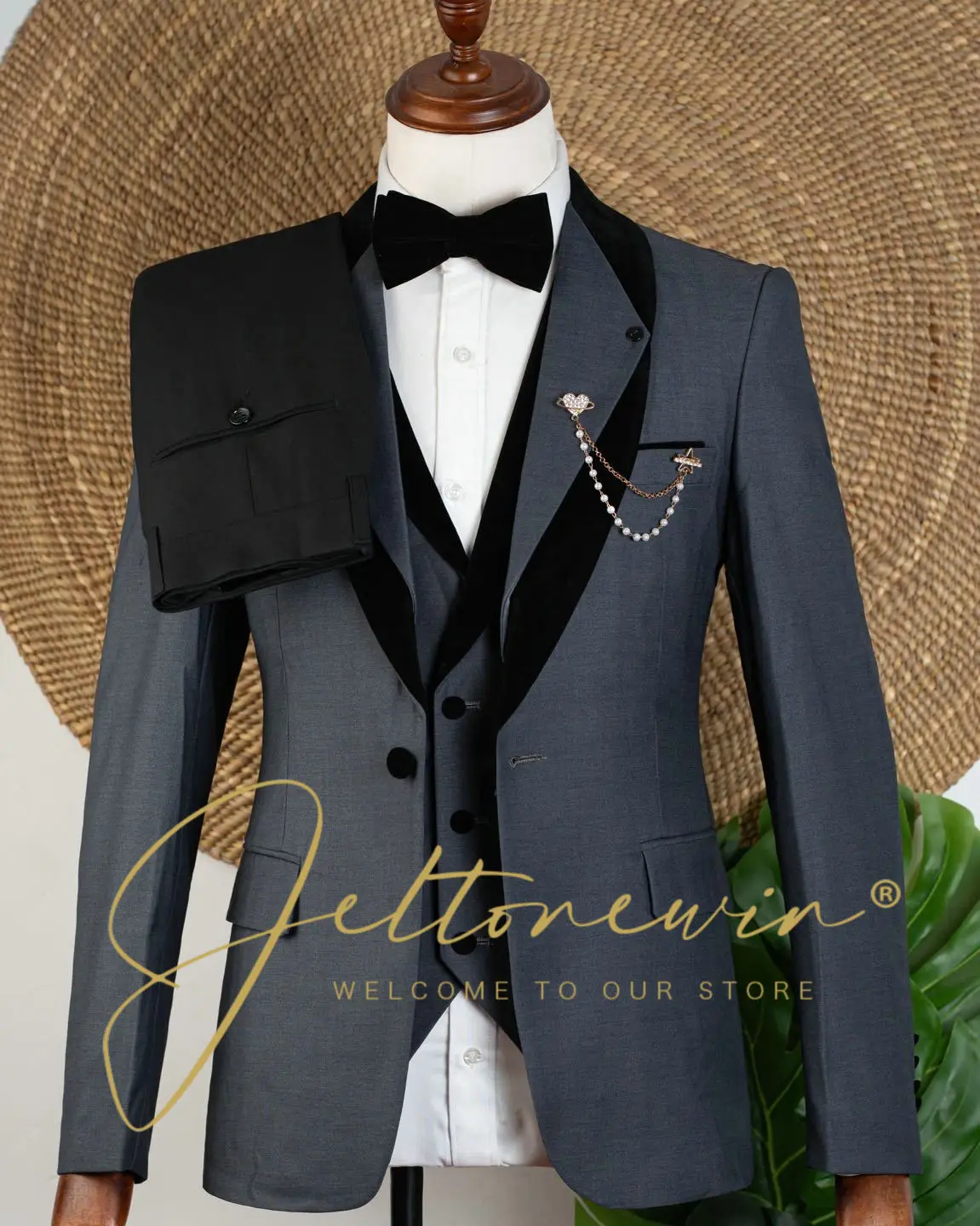 

Мужской серый костюм-тройка с шалью на лацкане и бархатной отделкой, облегающая официальная одежда для свадьбы, жениха, вечеринки, trajes para hombre