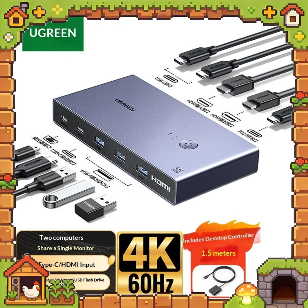 UGREEN 35766 KVM Switch HDMI 2.0 2 in 1 Out 4K 60Hz Video Switcher Selector for 2 PC 1 Monitor