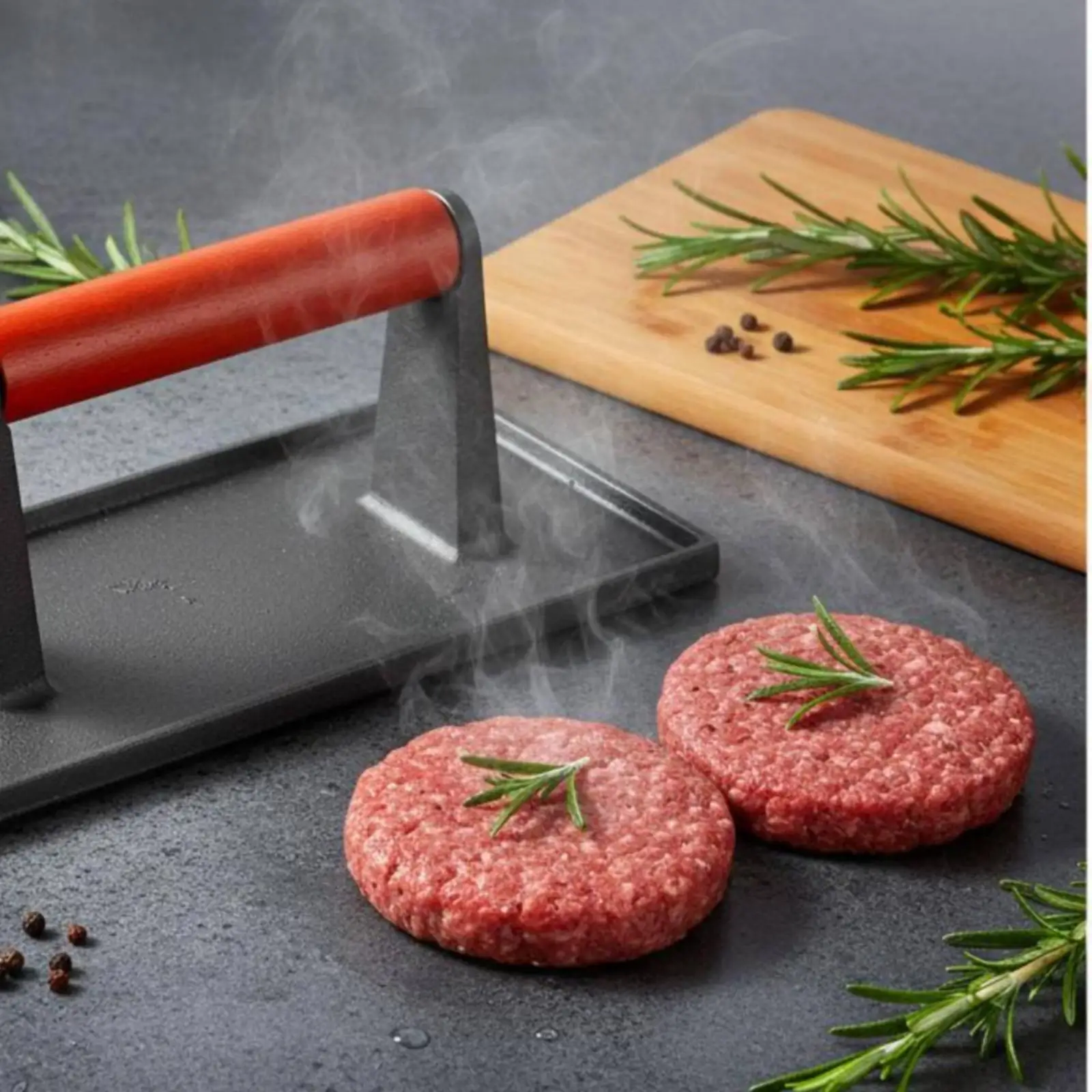 Cast Iron Burger Press Textured Surface Handheld Grill Press Dark Gray view 3