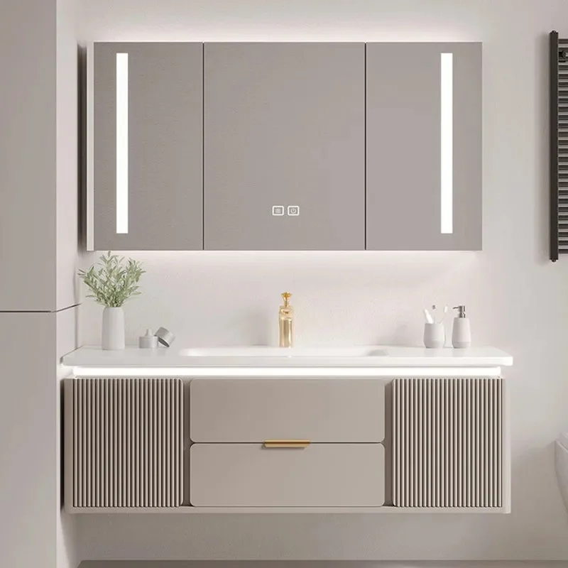 

Small Oak Bathroom Vanity Cabinet Set with Marble Basin, Modern Simple Chinese Design