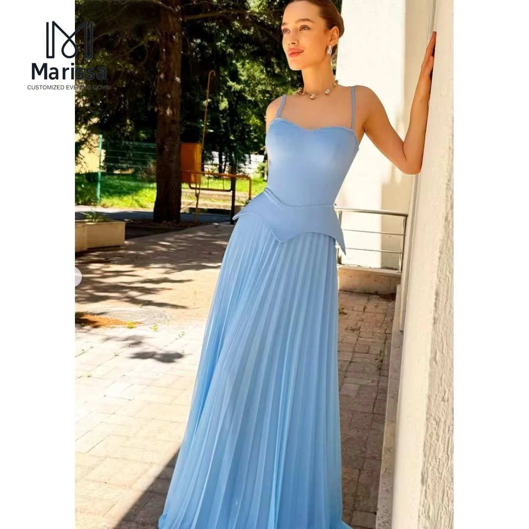 มาริสซา ชุดราตรีเปิดไหล่ ชุดราตรีสั่งตัดสำหรับโอกาสพิเศษ ชุดราตรีผ้าชีฟองทรงเอไลน์สุดหรู สีฟ้าสำหรับงานปาร์ตี้