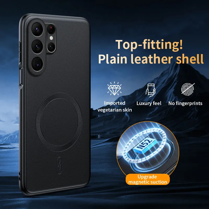 FOR MagSafe Magnetic Fine Grain Faux Leather Case For Samsung Galaxy S26 S25 S24 S23 Ultra Plus With Adsorption Stand