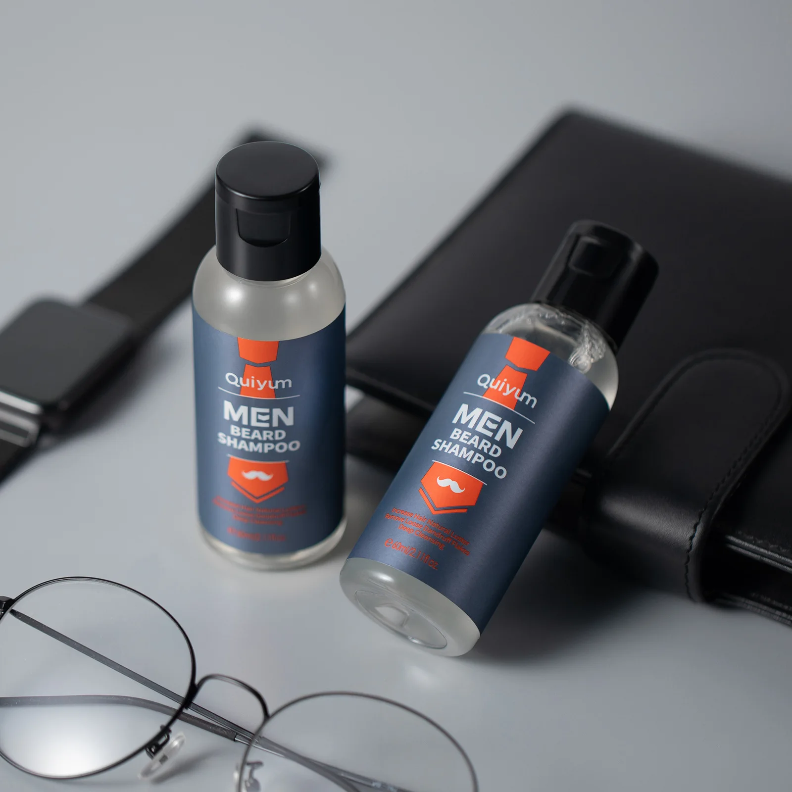 QUIYUM Men Beard Shampoo 60ml, Gentle Beard Wash for Moisturizing Softening, Nourishing Frizz Control Facial Hair Cleaner