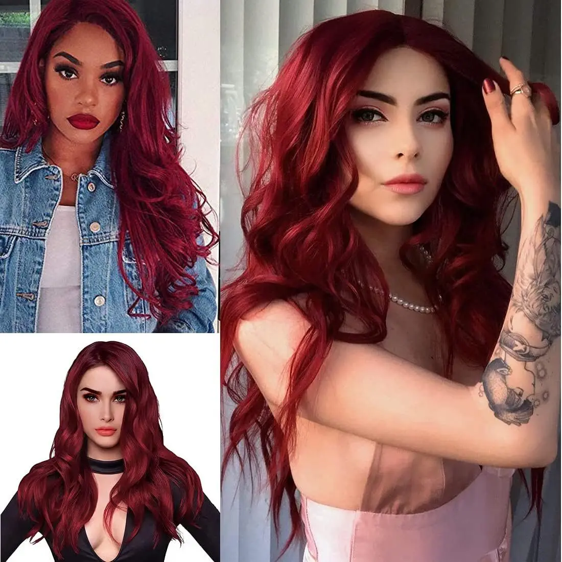 Peruka syntetyczna w kolorze burgundowym, damska, z przedziałkiem na środku, naturalne duże fale, długie kręcone włosy, do codziennego użytku, cosplay, odporna na wysokie temperatury, wykonana z jedwabiu.