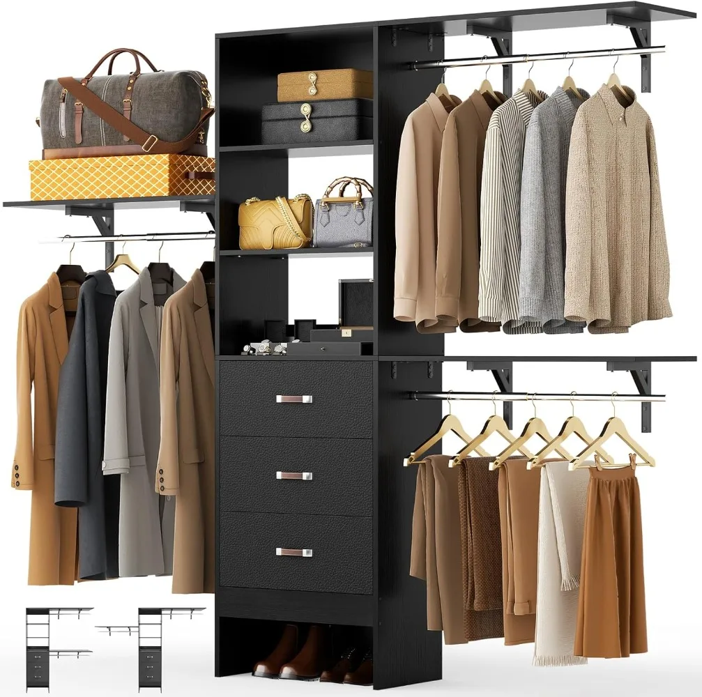 

Closet System, 8FT Closet Organizer System with 3 Wooden Drawers, 96'' Walk-in Closet with 3 Hanging Rods & 3 Shelf Tower