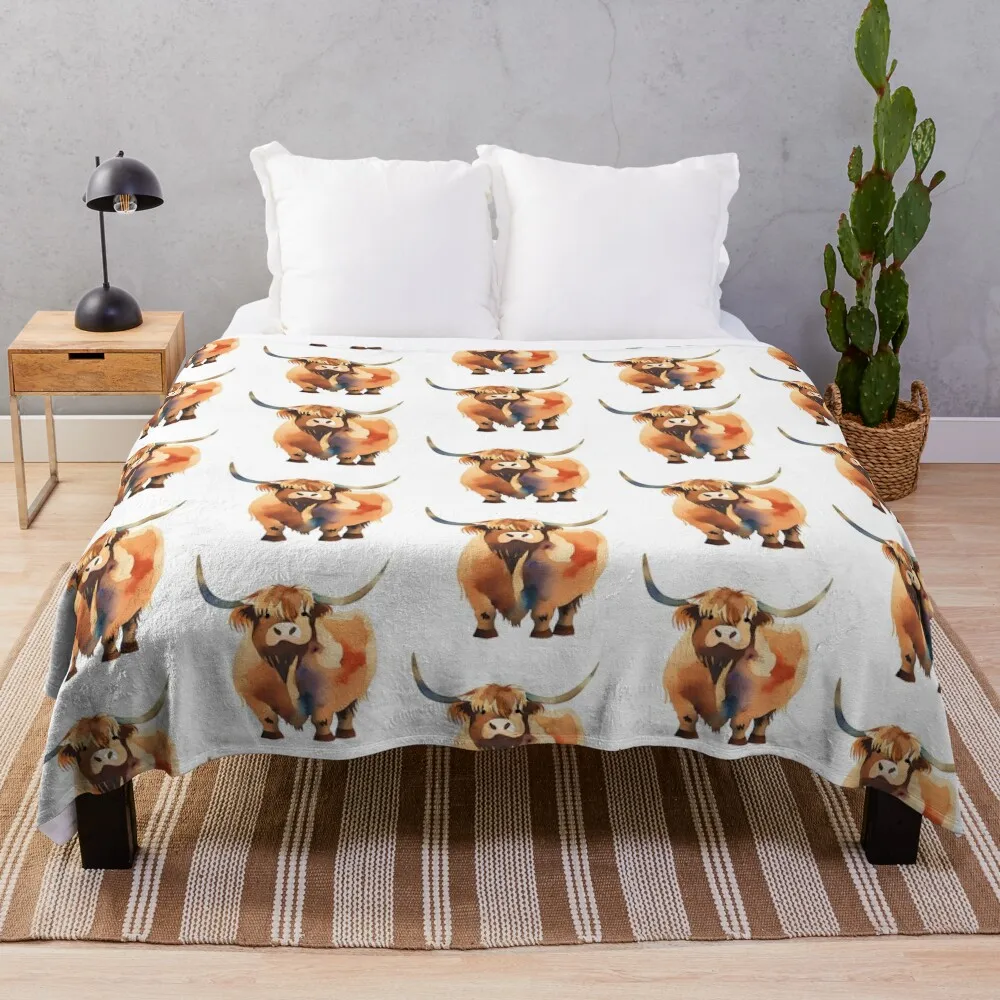 Watercolour Highland Cow Heilan Coo Throw Blanket Quilt Flannel Fabric sofa bed Blankets