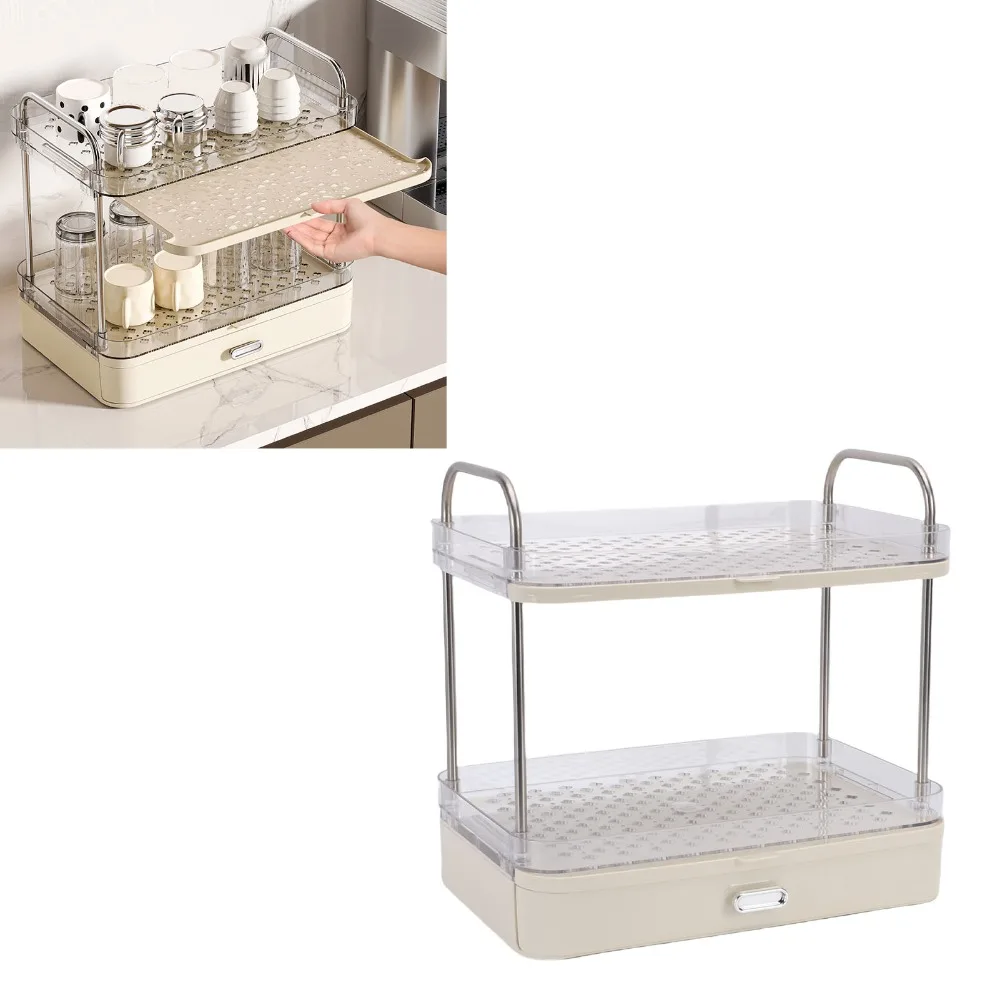 2 Tier Coffee Mug Holder PET, ABS, Stainless Steel With Draining Tray Cup Display Rack Slide Out Drawer Coffee Station Organizer