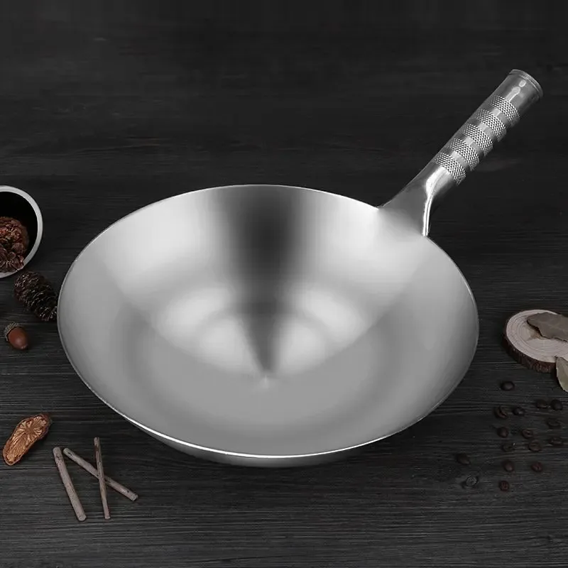 

Household frying pan Portable Single handle Uncoated thickened frying pan 34cm Stainless Steel Round bottom No Rust Wok for Gas