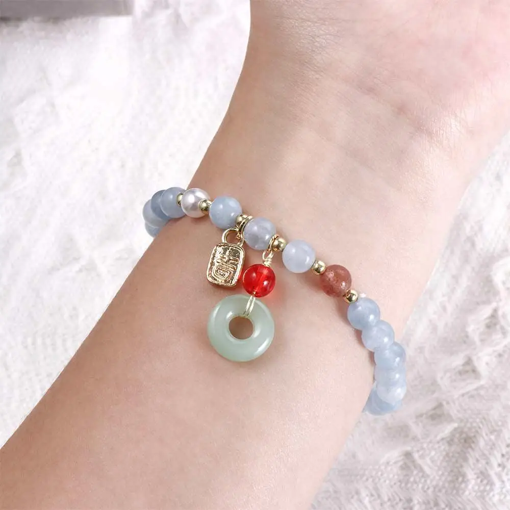Fortune Cat Blue Maneki Neko Lucky Cat Pendant Crystal Female Hand Chain Stone Bracelets Korean Style Bracelets Bead Bracelets