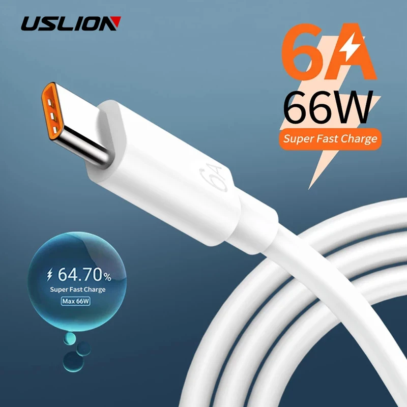 USLION 6A USB 66W Type C Cable USB Fast Charging Phone Charger Type-C Data Cord For Xiaomi Redmi note 10 Samsung USB C Cable