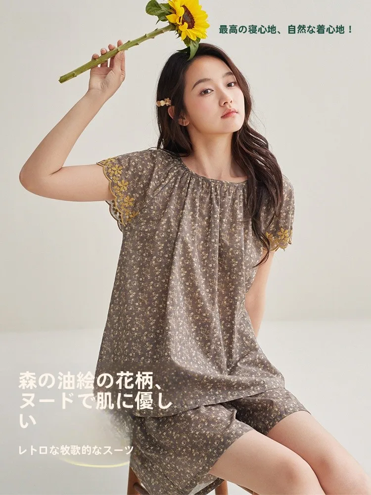 anziban-summer-sleepwear-women's-pure-cotton-woven-loose-thin-short-sleeve-shorts-home-clothes-set-breathable-cool-feeling