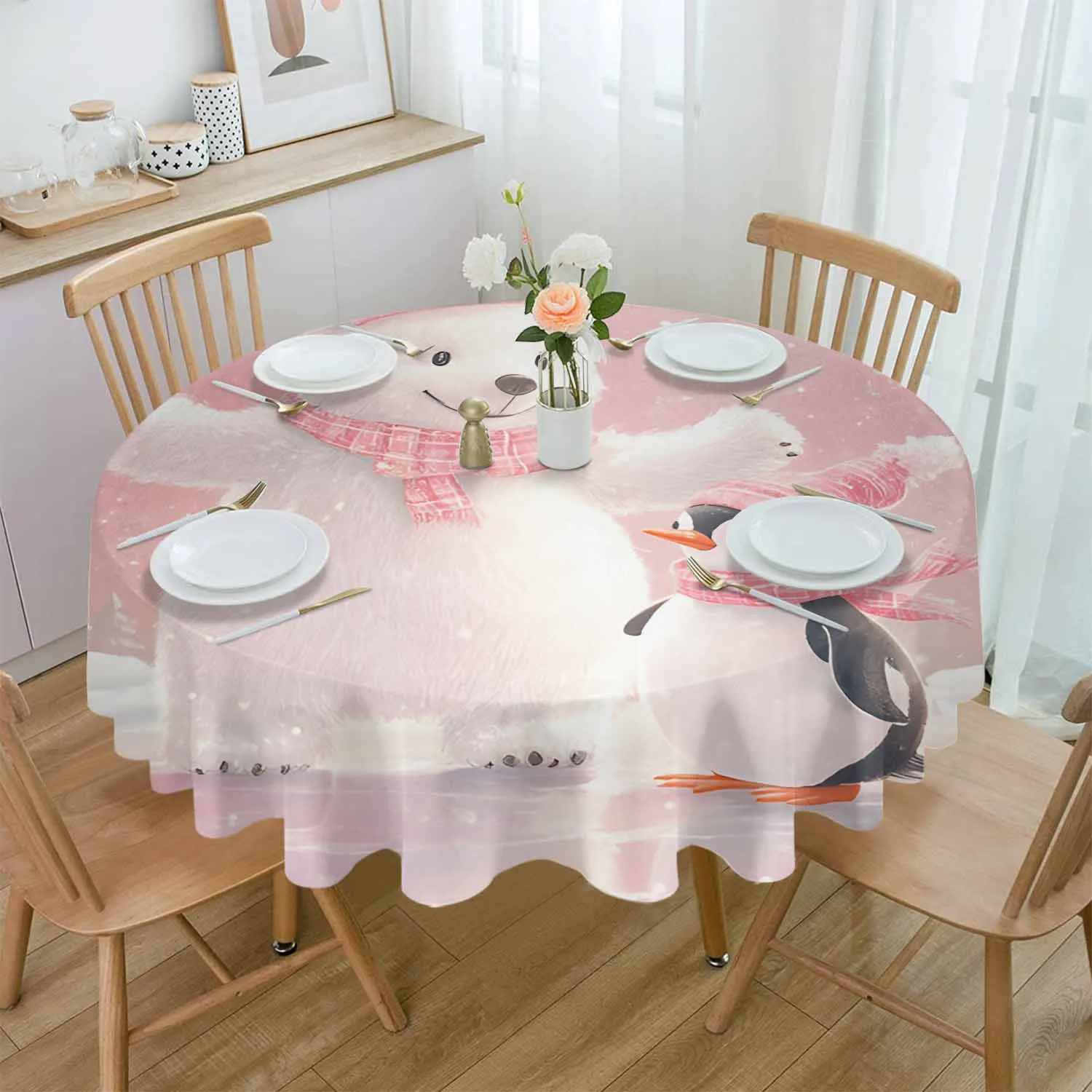 Christmas Pink Bears And Penguins Waterproof Tablecloth Table Decoration Wedding Home Kitchen Dining Room Round Table