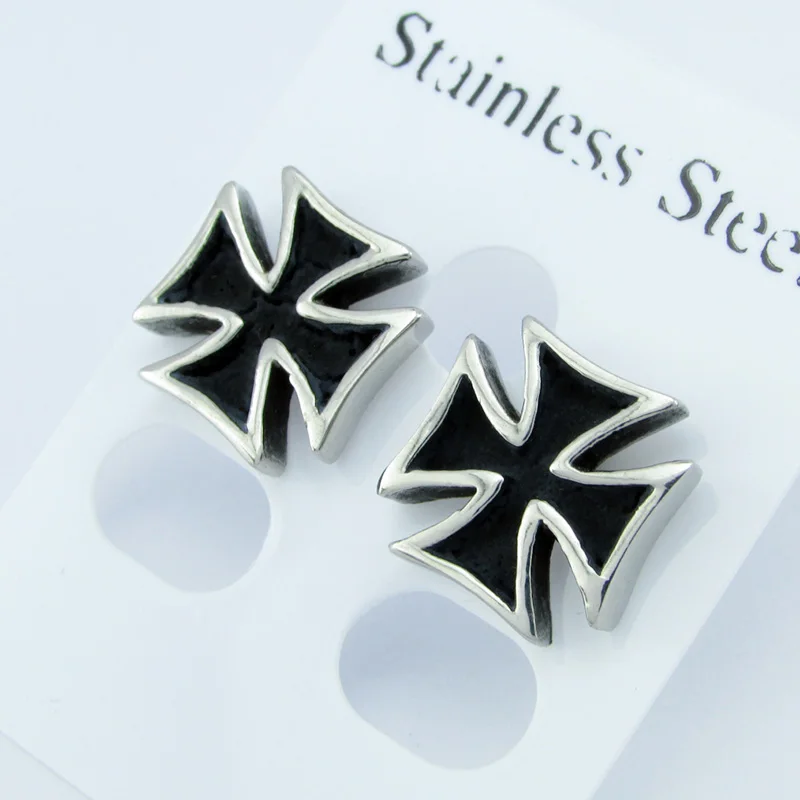 Drop Shipping Punk 316L Stainless Steel Knights Templar Iron Cross Stud Earrings