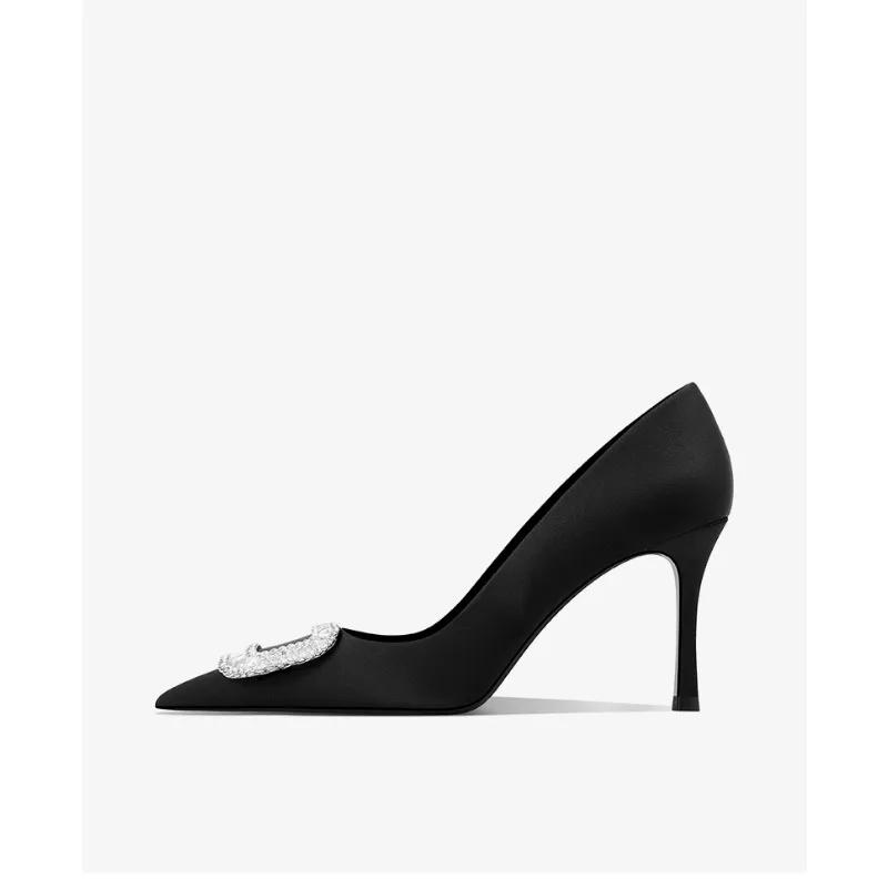 2025 جديد حذاء نسائي بكعب عالٍ أسود من الساتان خنجر حجر الراين مشبك أحذية الحفلات الأنيقة #6