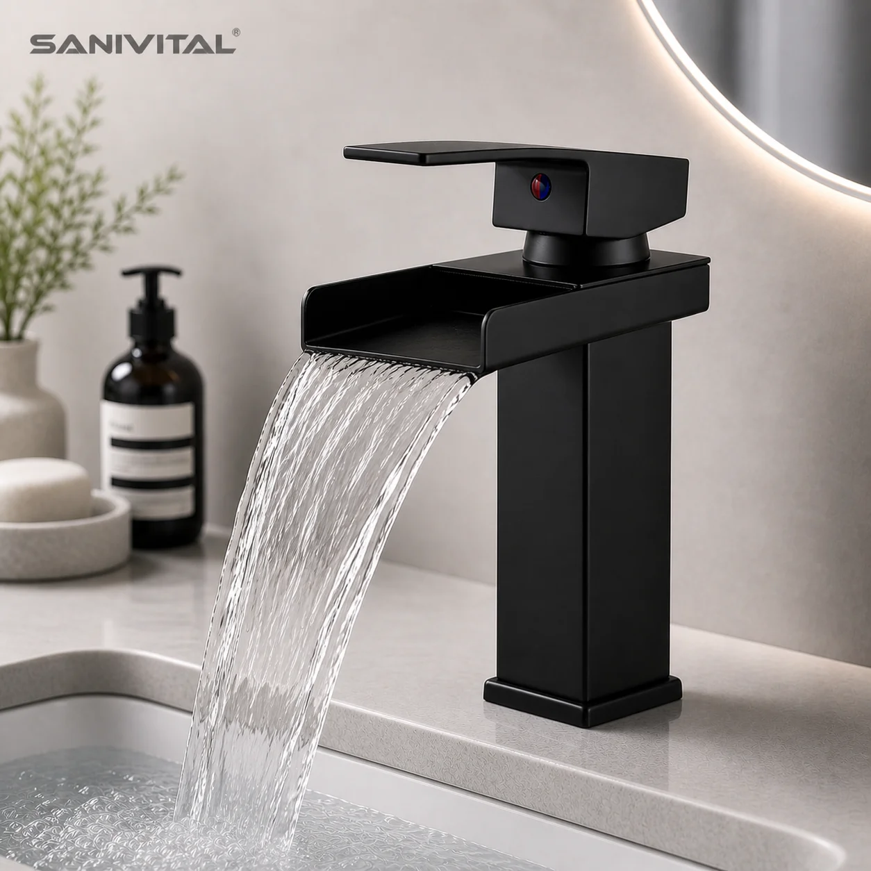 

SANIVITAL Matte Black Stainless Steel Waterfall Bathroom Faucet Single Handle Basin Mixer Tap Modern Sink Hot Cold Deck Mount
