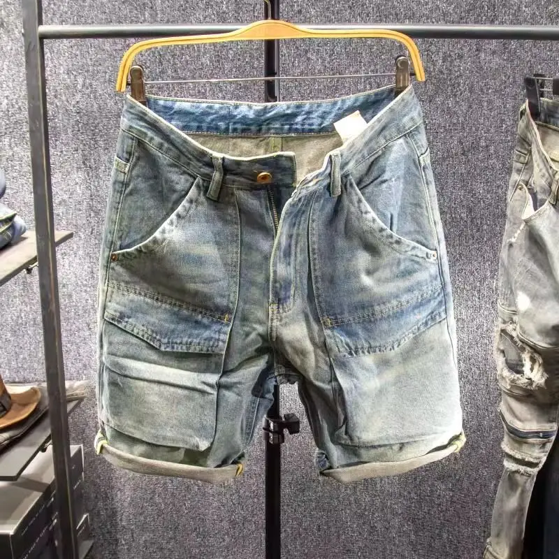 

Джинсовые шорты с несколькими карманами, мужские летние рюшами, красивый ветер 202, модные брендовые свободные повседневные толстые короткие брюки с широкими штанинами