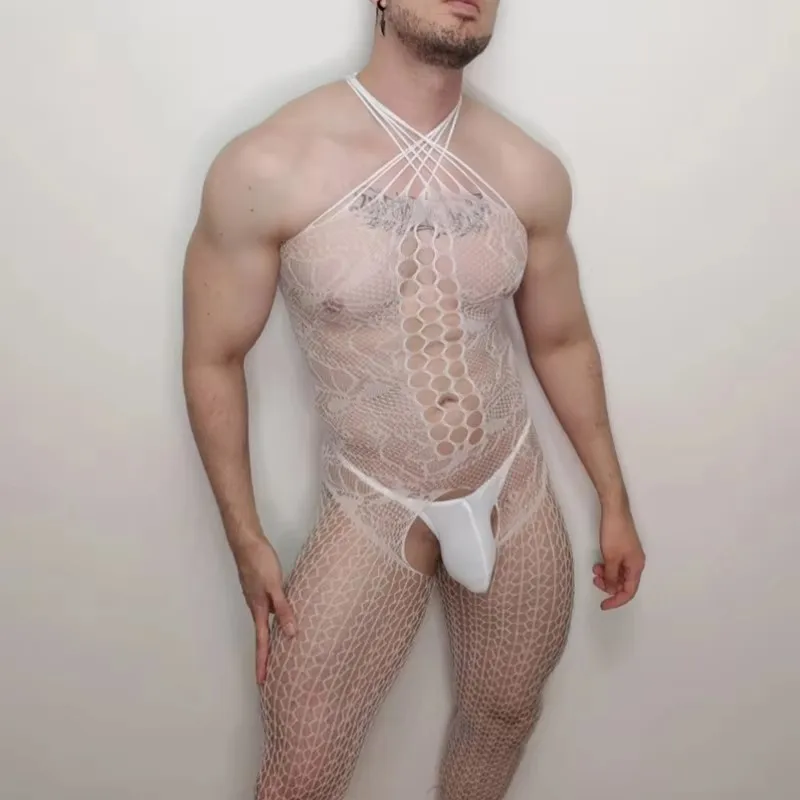 2025 New Fashion Tute maschili Tute a rete trasparenti Intimo intero Abiti da club sexy Bodystocking trasparente erotico
