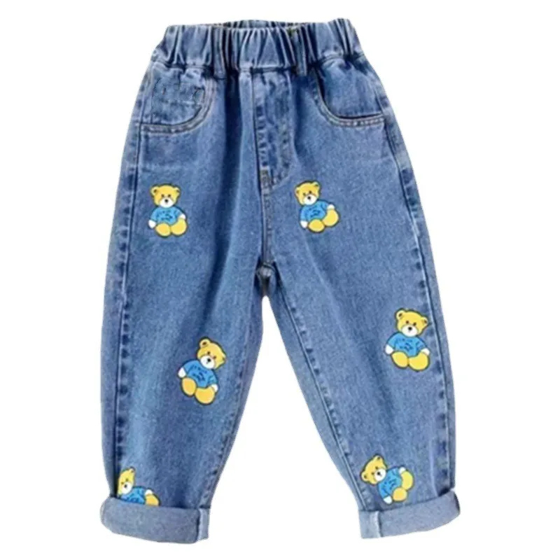 Mädchen-Jeans mit elastischer Taille, Kinder-Jeans mit Cartoon-Bär-Aufdruck, Frühlings- und Herbsthose, Freizeitkleidung für Jungen und Mädchen, 1–8 Jahre – Detail 7