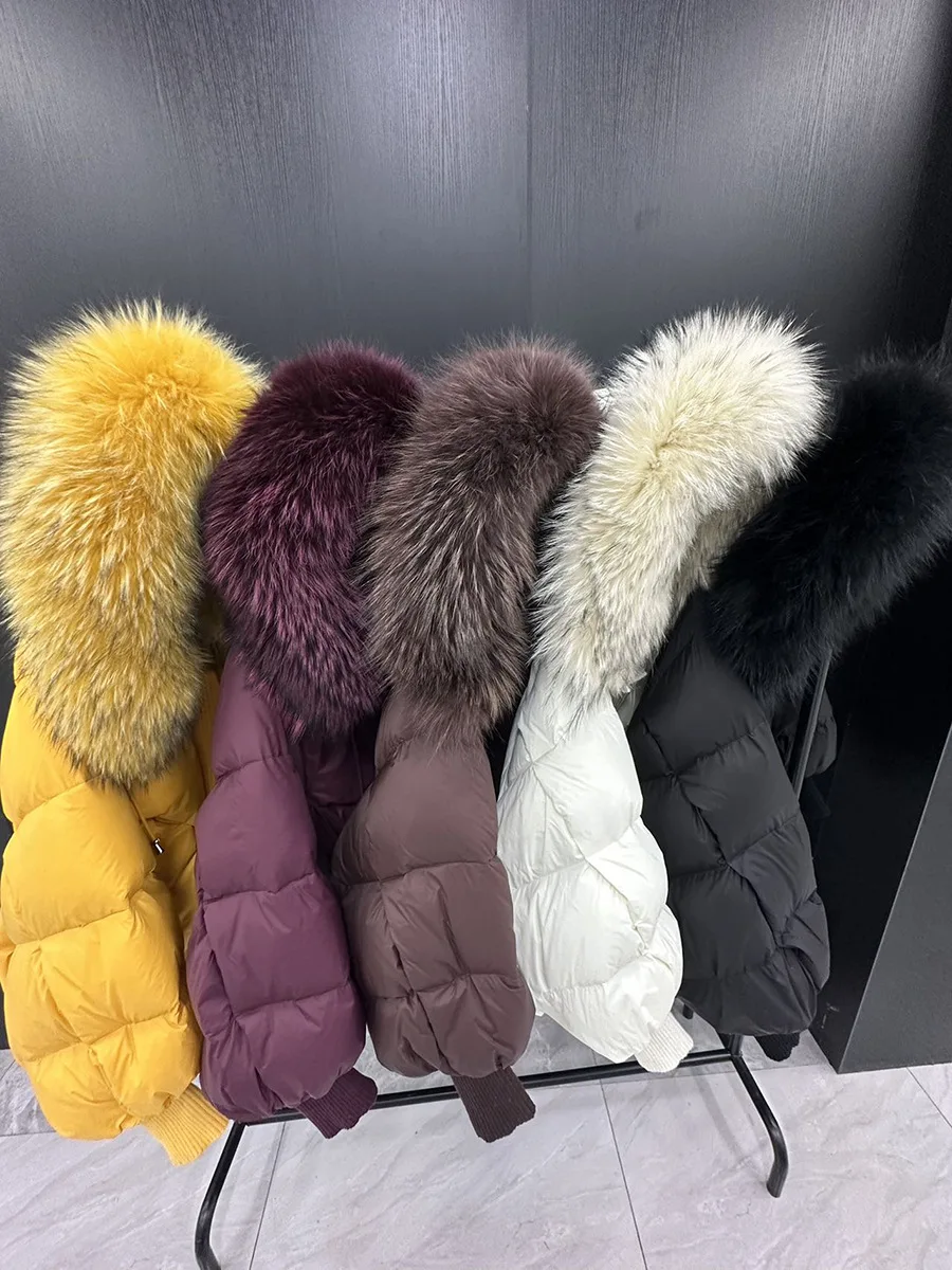 Winter Hooded Natural Large Fur Collar Down Jacket Women Short White Duck Down Outwear Female Lantern Sleeve Warm Quilted Jacket