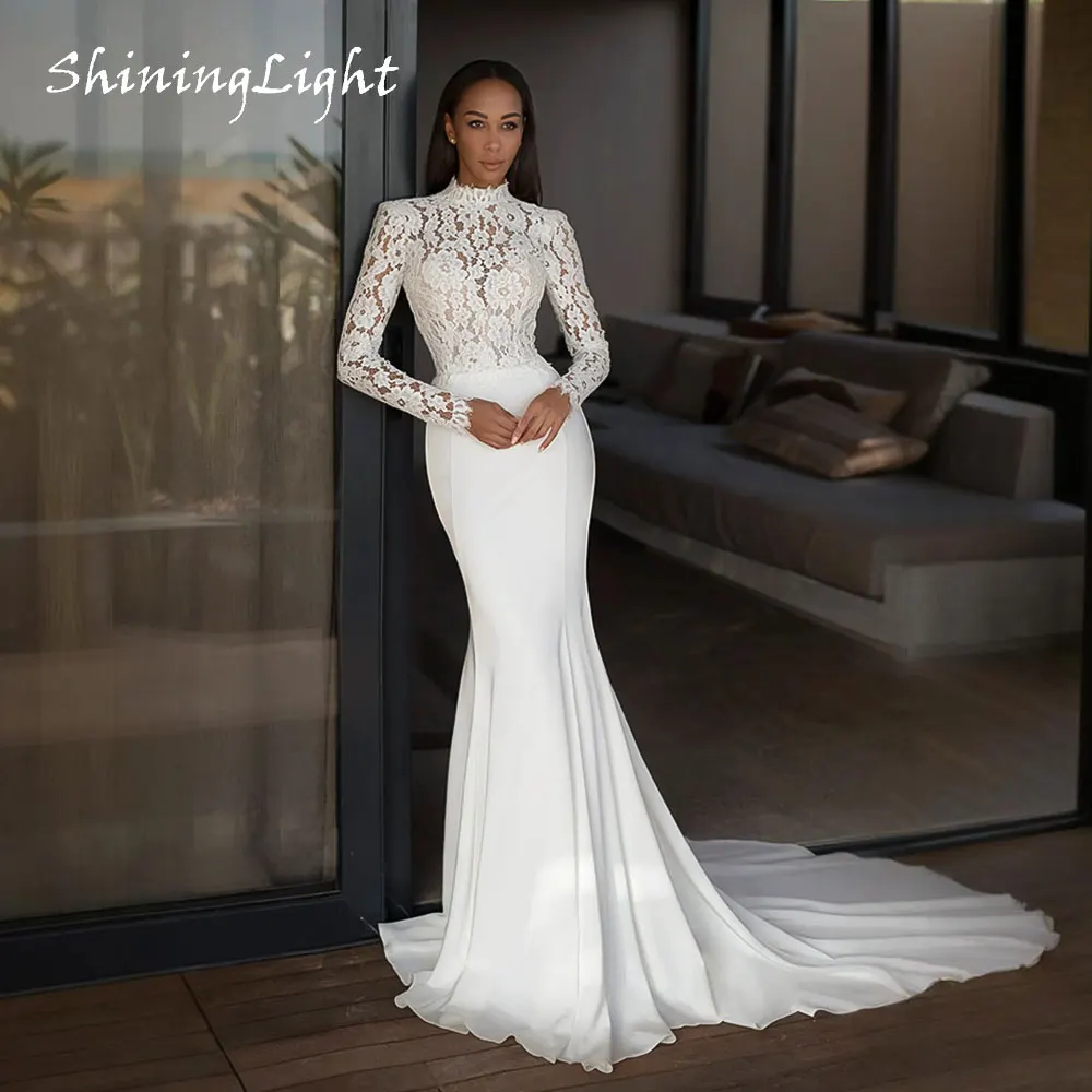 

ShiningLight Long Sleeved Crepe Silhouette Wedding Dress High Neck Open Back Mermaid Beach Boho Lace Bridal Gowns Customized
