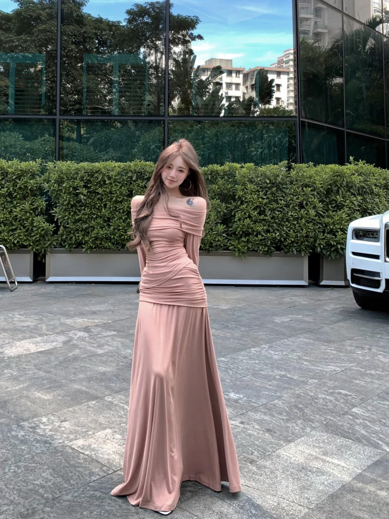 

Sweet Hot Girl Knitted Suit Women's Autumn Off Shoulder Top High Waist A-line Long Skirt Two-piece Set Fashion Female Clothes