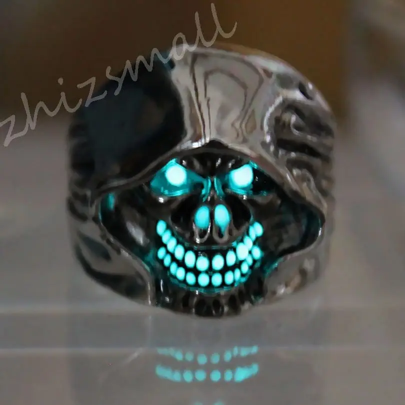 Personality Punk Skull Rings Silver Color Devil Eye Luminous Finger Ring for Men Women Glowing In Dark Rings Hip Hop Jewelry