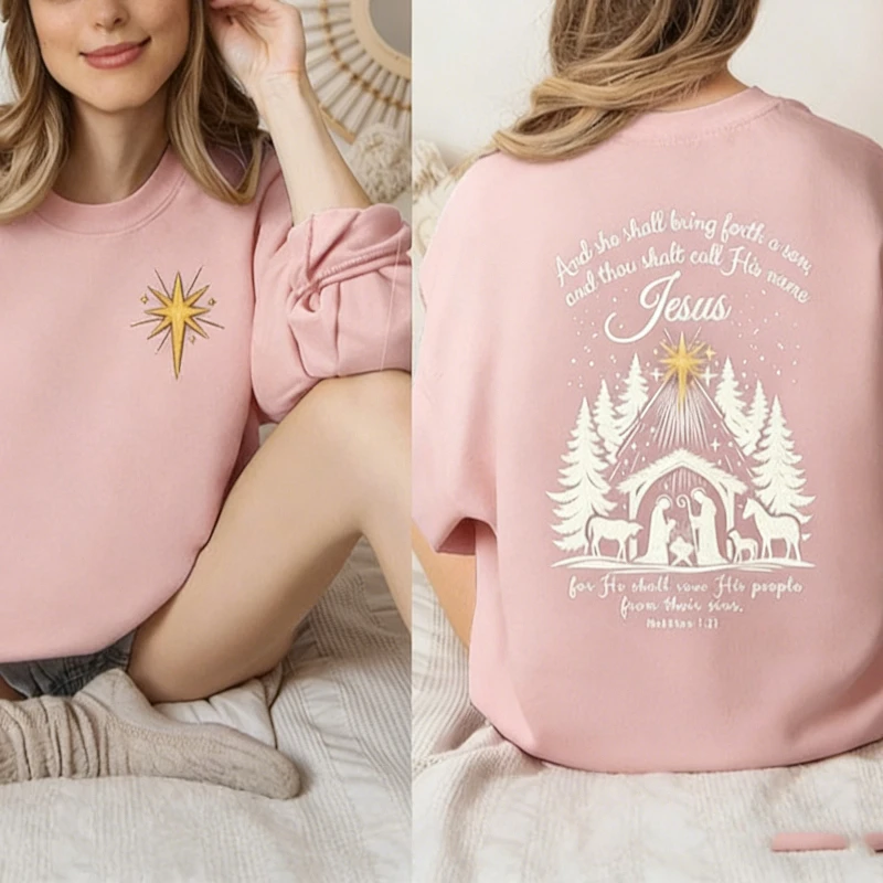 مشهد المهد امرأة مسيحية طويلة الأكمام البلوز قصة حقيقية المهد يسوع عاشق هدية الإيمان الديني مطابقة هوديس