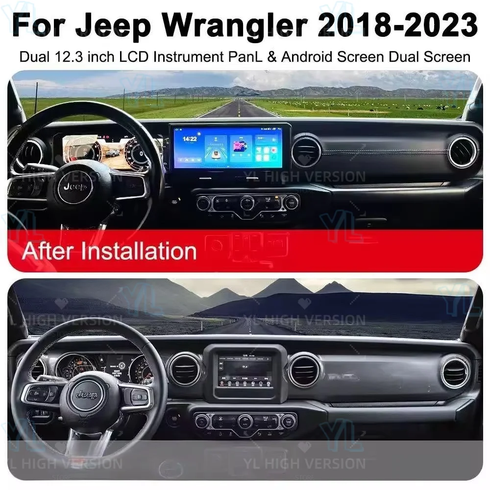 CY 12.3 inch Upgrade Dual Screen Android 14 Multimedia Radio Digital Cluster For Jeep Wrangler JL 2018-2023 Wireless Carplay DSP