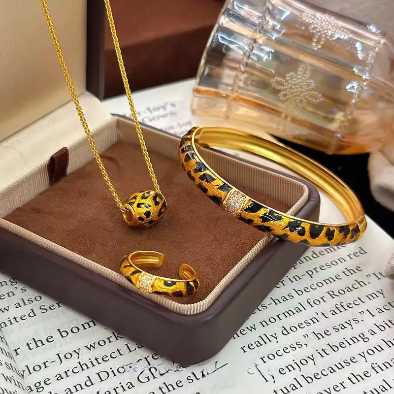 Pure 18 K Gold Color Zircon Inlaid Leopard Print Bracelet Ring Necklace Set for Women Valentine's Day Birthday Jewelry Gifts