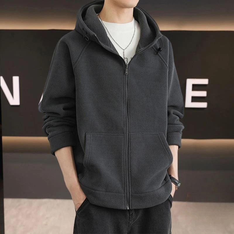 

Мужская свободная куртка с капюшоном на флисовой подкладке на осень-зиму, повседневная молодежная верхняя одежда с открытой передней частью