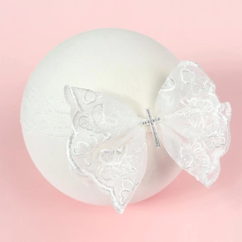 J15U ربطات شعر من الدانتيل الأبيض للأطفال الصغار، أربطة شعر عمامة للتعميد، هدية استحمام لحديثي الولادة