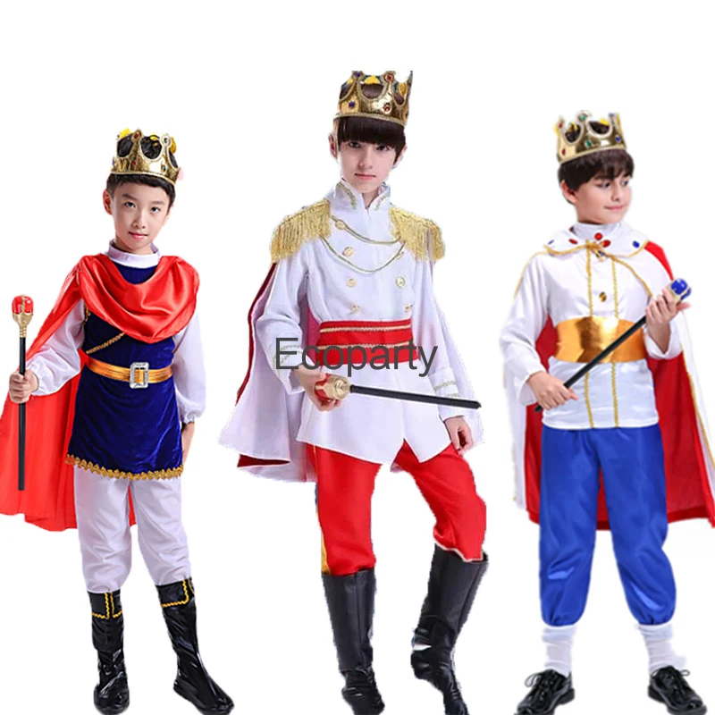 New Kids Prince Costume Deluxe Medieval King Cosplay Outfits Jacket Pants With Cape Crown Set Kids Halloween Party Costumes