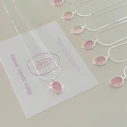 925 Sterling Silver Pink Crystal Moonstone Necklace For Women Fashionable And Simple Oval Pendant Collarbone Chain Party Jewelry